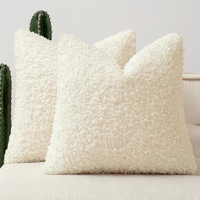 Faux Fur Throw Pillow Covers 18x18 Inch Set of 2 Boucle Neutral Decorative