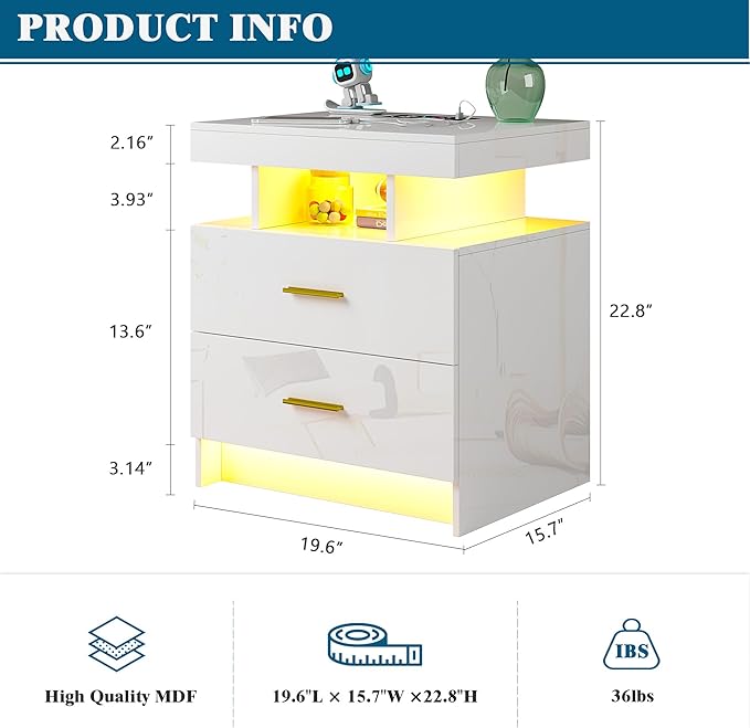 WOOVIVS Night Stand with Light, High Gloss Nightstand with USB/Wireless