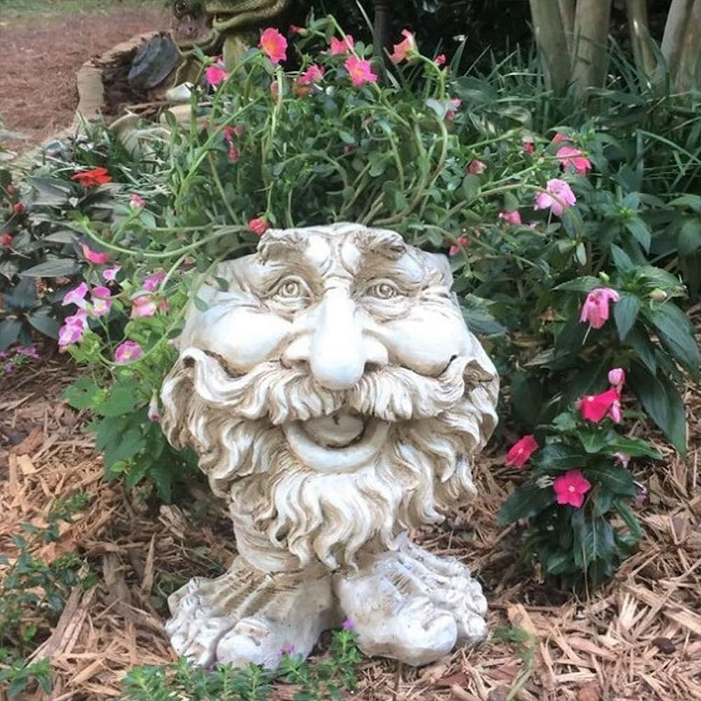 Sheremart Whimsical Face Planter - 6inch Funny Wizard Head Sculpted Pot (Antique White Resin), Unique Succulent Planter for Indoor/Outdoor Garden Decor (1#)