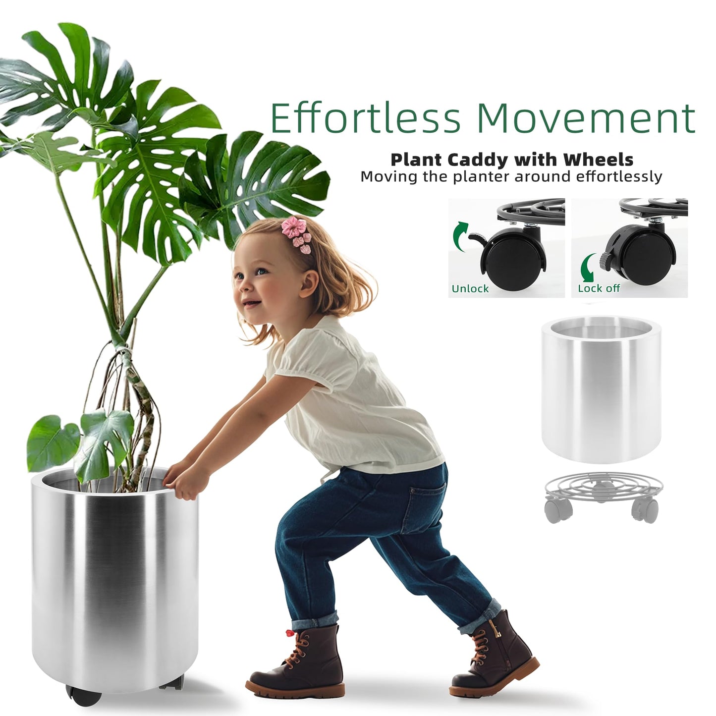Longrun 11.8 Inch Dia Round Planter, Modern Indoor Outdoor Large Stainless Steel Plant Pot and Plant Caddy with Wheels for Home Patio Garden, Easy to Clean and Move