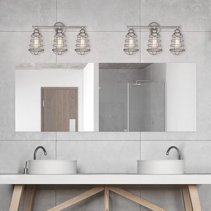 Design House 519728 Ajax Industrial Modern 3-Light Indoor Bathroom Vanity Light with Metal Wire Cage Over the Mirror, Galvanized Steel