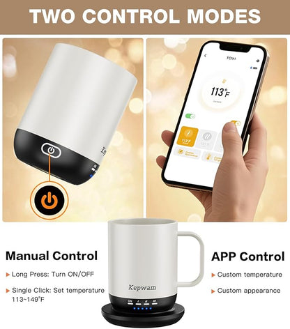 Kepwam Self Heating Coffee Mug T1-16oz Fast Heating & Ultra Long-Lasting Battery Life, Heated Coffee Mug Up to 149℉ - Touch & App Controlled Coffee Mug, Birthday Gifts for Women and Men