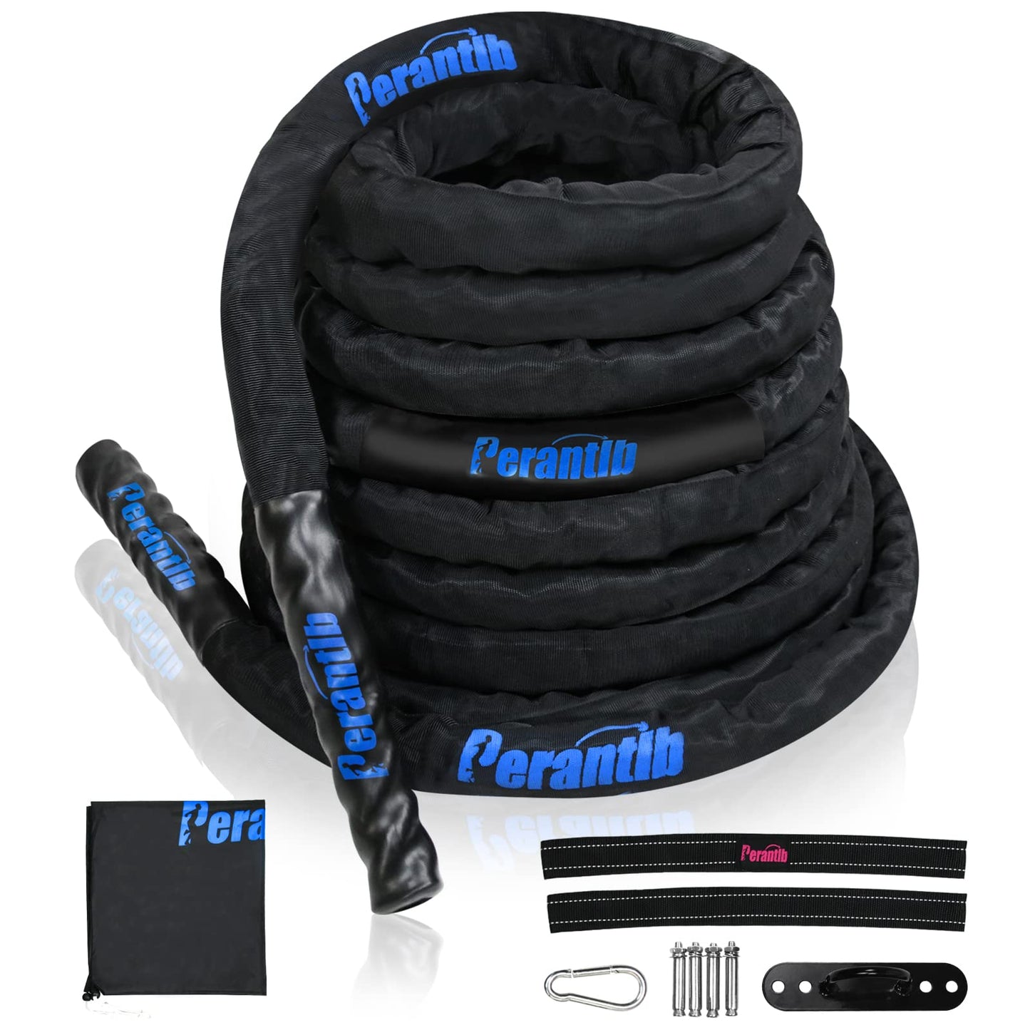 Perantlb 100% Poly Dacron Heavy Battle Rope - 1.5", 30' 40' 50' Lengths - Upgraded Durable Protective Sleeve - Gym Muscle Toning Metabolic Workout Fitness - Anchor Strap Kit Included (1.5" x 40 ft)
