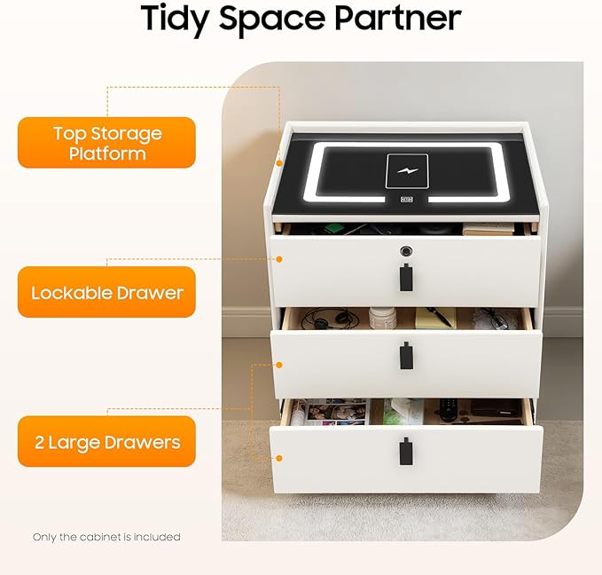 Smart Nightstand with Charging Station, Adjustable LED, USB Ports, Fingerprint