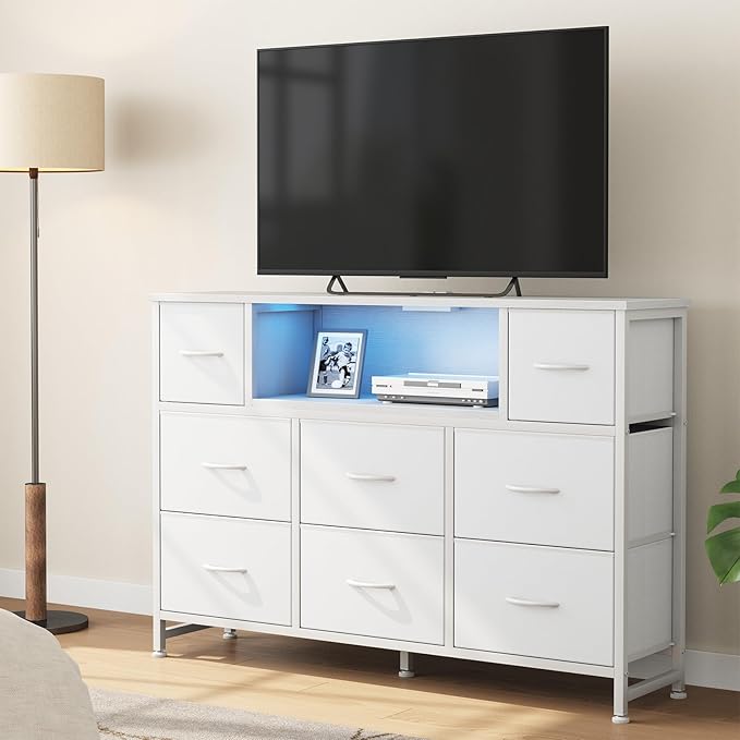 DUMOS TV Stand Dresser with 8 Fabric Drawers and Open Shelves, LED