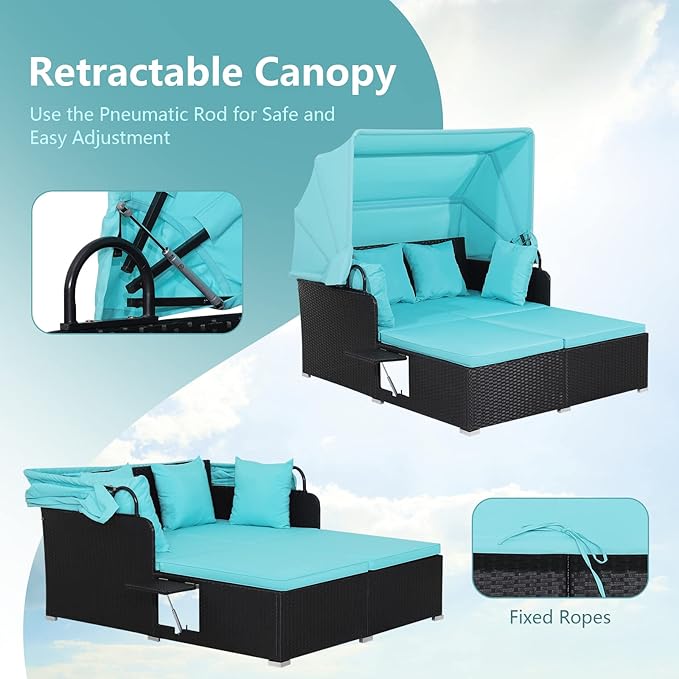 COSTWAY Outdoor Daybed with Retractable Canopy, Wicker Patio Furniture Set with