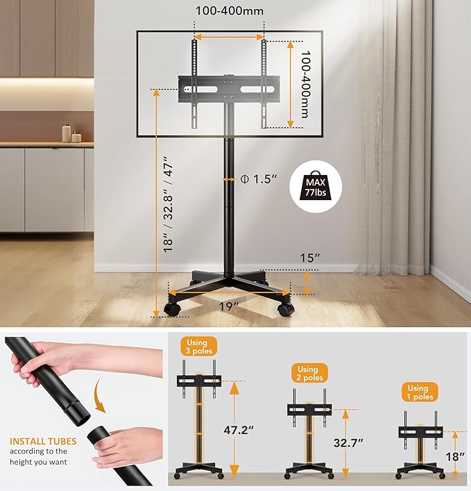 Hemudu Mobile TV Stand for 23-60 Inch LCD LED Flat/Curved Screen TVs, TV Cart