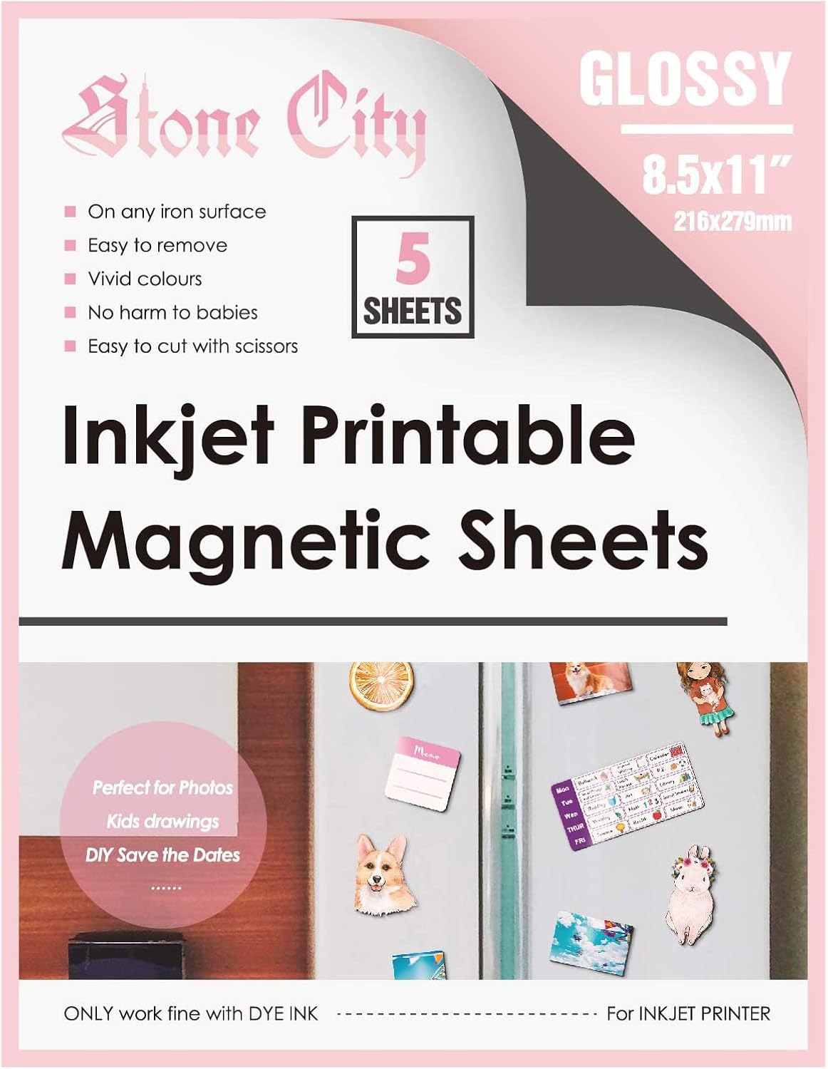 Stone City Printable Magnetic Sheets Make Refrigerator Photo Magnet Glossy Print Paper 12mil Thickness for Inkjet Printers 8.5x 11 Inches 5 Sheets