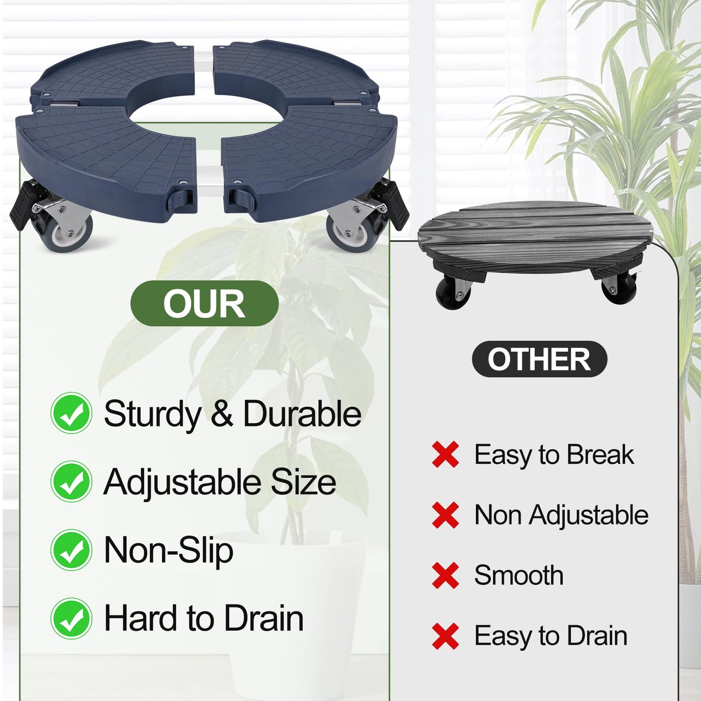 Plant Caddy Stand with 360° Wheels Adjustable 15-22 Inch Rolling Plant Stand Heavy Duty Large Plant Cart Dolly with Casters 440lbs Capacity for Large Planter, Garden Pot, Flower Pot, Blue, 1 Pack