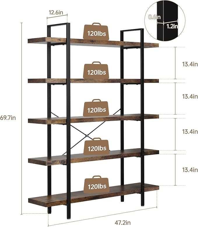 OtterOasis Bookshelf Set of 2, Heavy Duty 5-Tier Industrial Bookcase, 120lbs