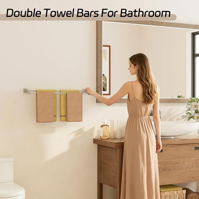 Alise Double Towel Bar, 28 Inch Towel Rack for Bathroom Wall Mounted, SUS304 Stainless Steel Bathroom Towel Holder Joining Process Towel Rail for Bathroom, Brushed Nickel