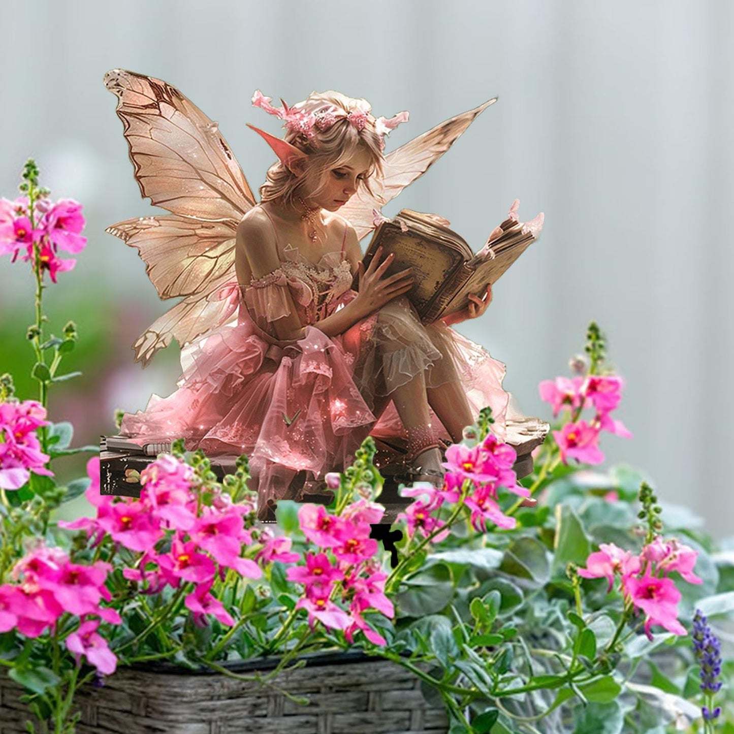 ANNUOZE Fairy Garden Stake Decor, 2D Flat Acrylic Fairy Garden Decor Panel, Elf Yard Sign for Outdoor Indoor Yard Lawn Plants Pots, Fairy Backyard Accessories (Pink Fairy Reading a Book)