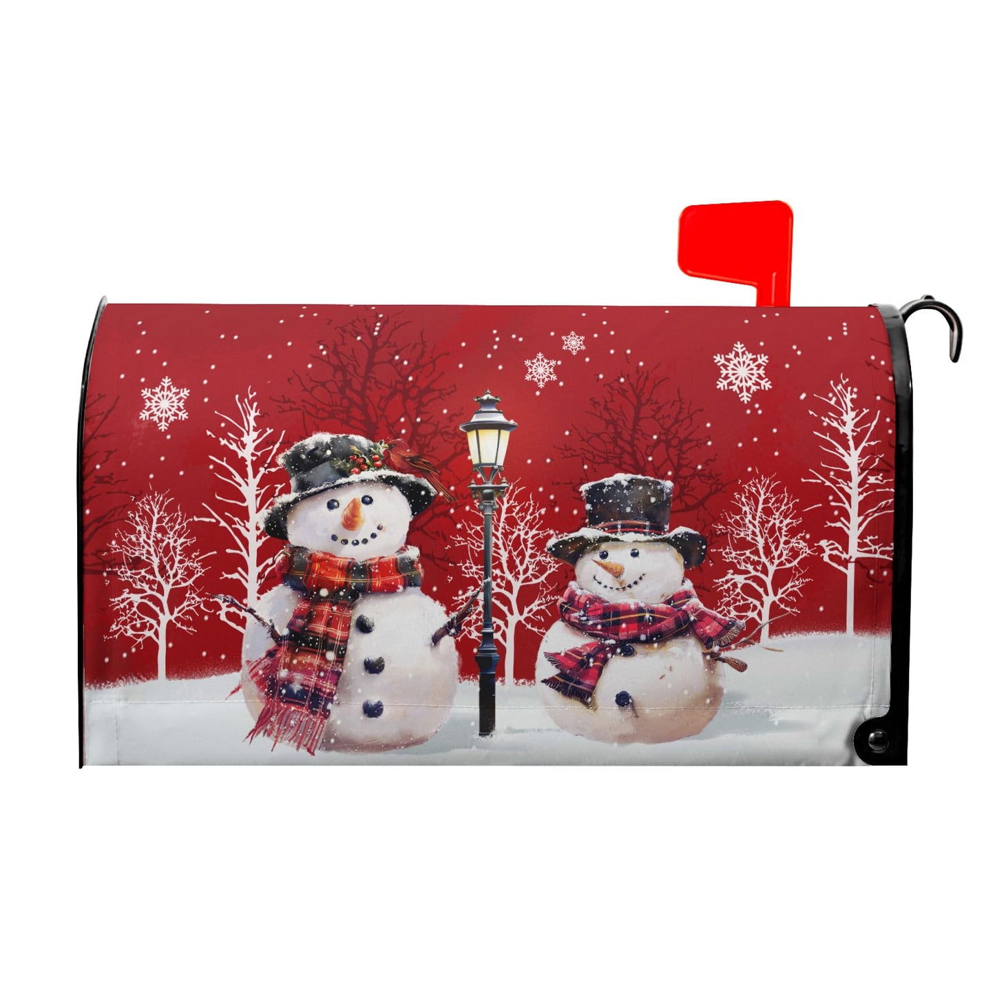 Merry Christmas Red Snowman Magnetic Red Winter Outdoor Mailbox Cover - Standard Size 25.5 x 21 Inch Snowflakes Holiday Mailbox Wrap