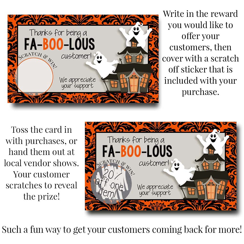Amanda Creation Funny Fabulous Customer Halloween Ghost Scratch & Win Customer Appreciation Package Inserts for Small Businesses, 20 2" X 3.5” Single Sided Insert Cards with Scratch Off Stickers