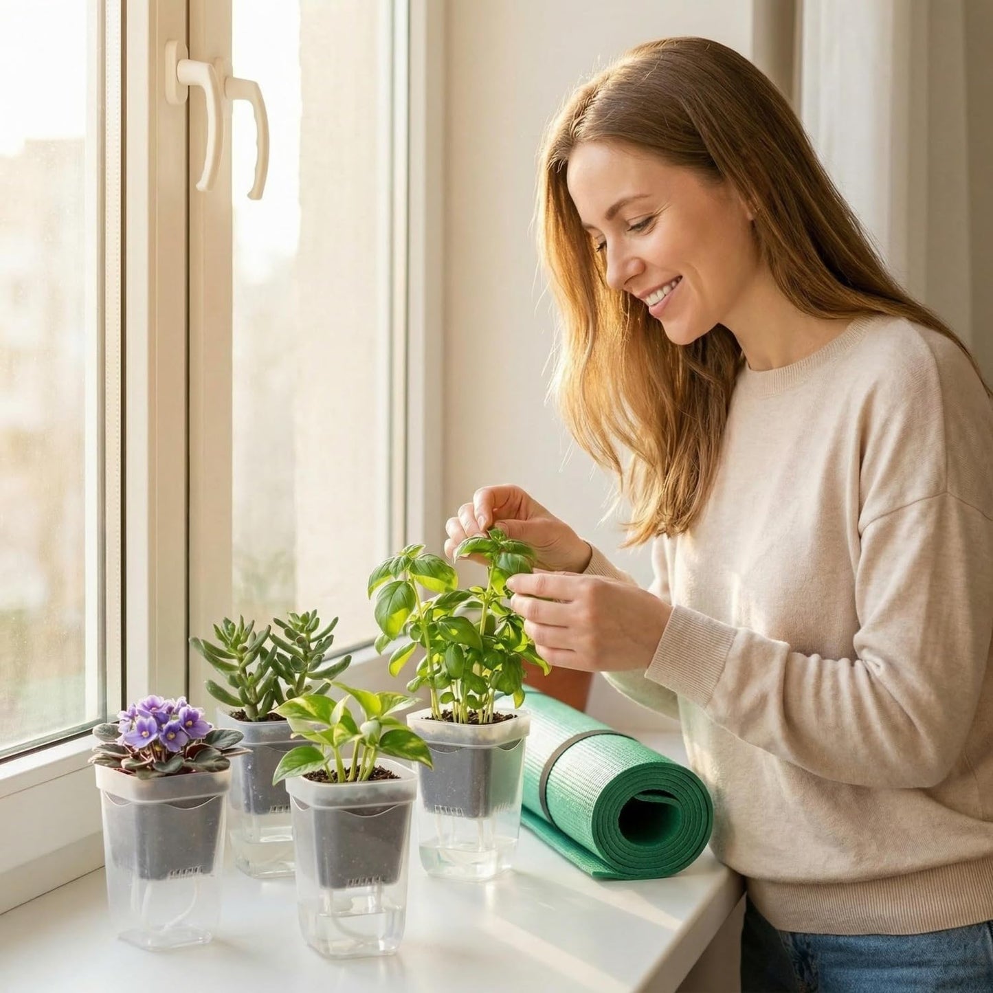10 Pack 2" Mini Self Watering Pots for Indoor Plants, Small Self Watering Nursery Pots with Drainage Holes, Clear Plastic Plant Pots for Succulents, Cuttings, Herbs (Incl. 50x50cm Gardening Mat)