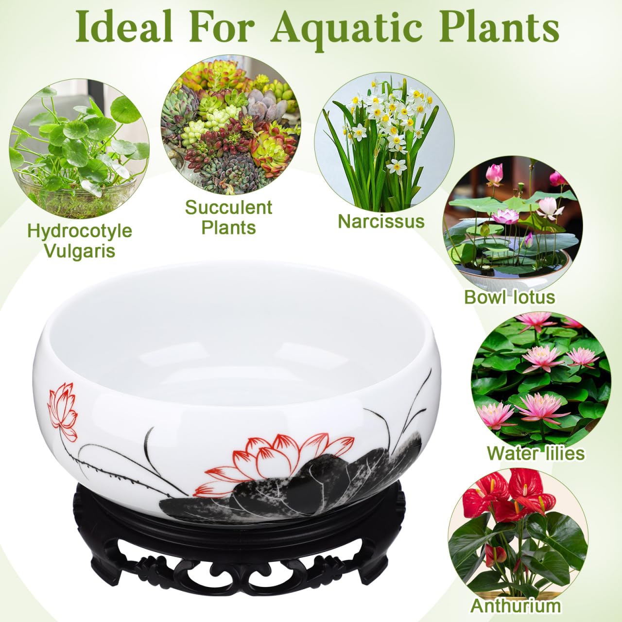 HANABASS Ceramic Lotus Bowl, Water Lily Bowl, Hydroponic Flower Planter Pot Round Ceramic Indoor Pot with Plastic Holder for Plants Modern Decorative Container for Home Office and Garden