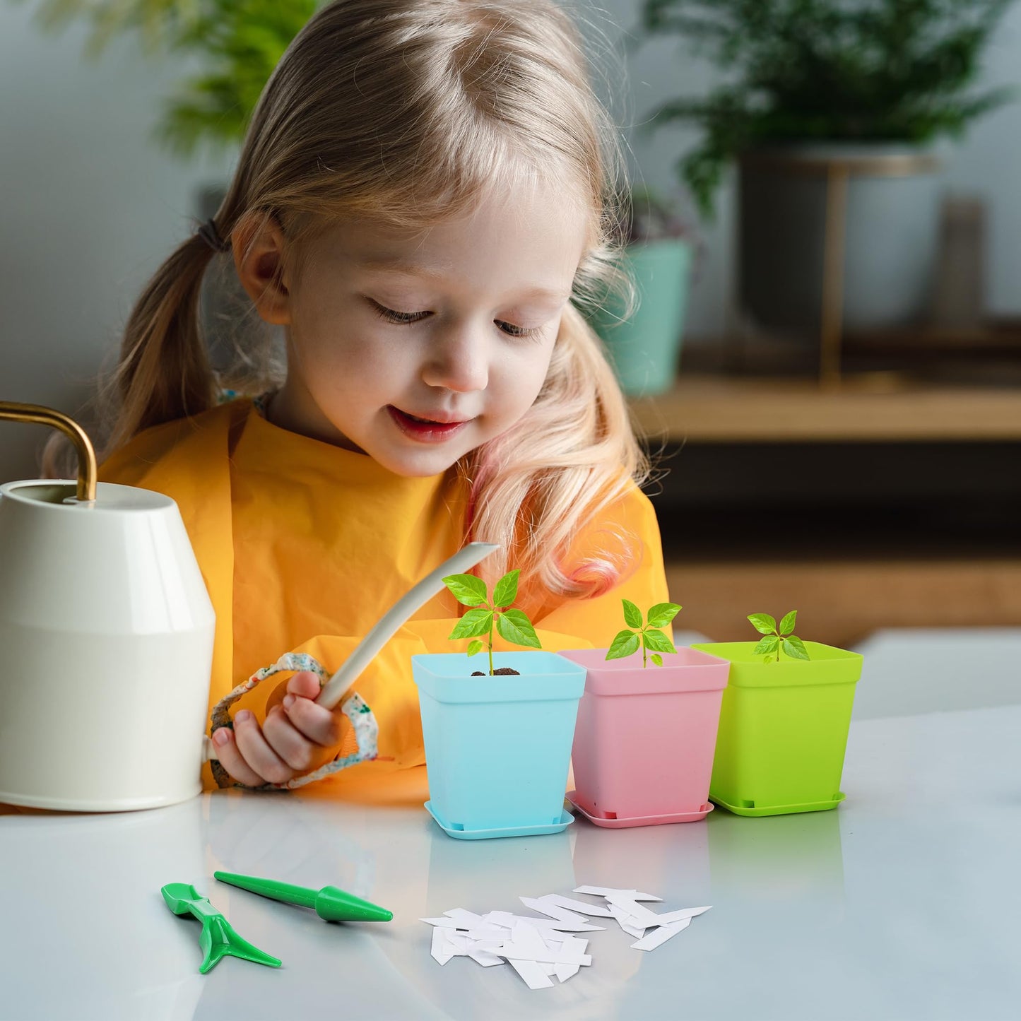 Hahood 120 Pack Mini Plastic Planters 3 Inch Flower Seedling Nursery Pots with Pallet Colorful Square Flower Plant Pots Seed Starting Pots with Labels and Tools for Home Garden Flowers Plants,6 Colors