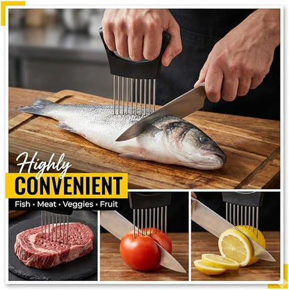 Onion Holder for Slicing 2026, Stainless Steel Onion Slicer & Cutter with Finger Guard, Ergonomic Anti-Slip Handle, Multi-Use Kitchen Tool for Tomato, Potato, Avocado, Egg, Lemon & Meat