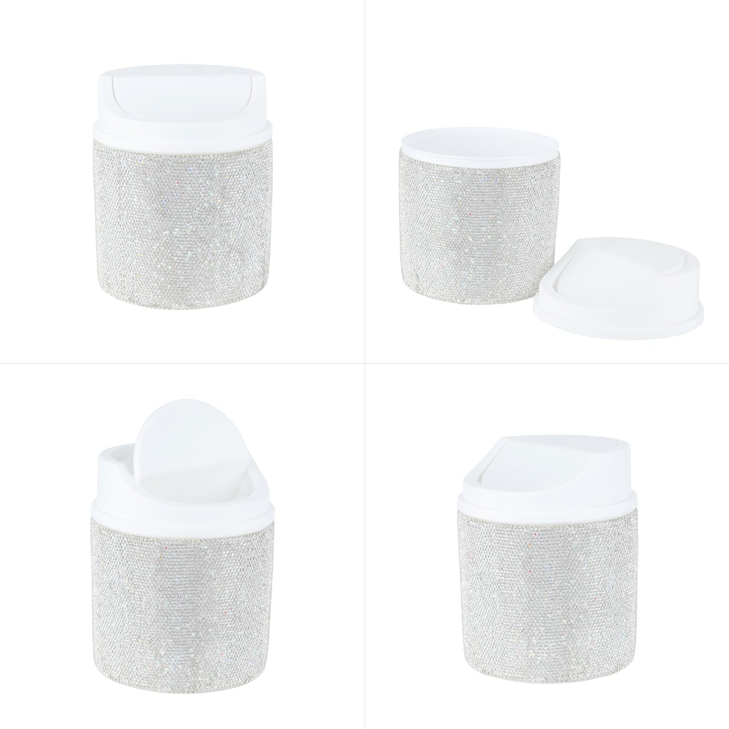 KEYPOWER Bling Rhinestone Mini Plastic Trash Can Cute Small Waste Can with Swing Lid,Suitable for Home Countertop,Car,Table Desk,Office (White)