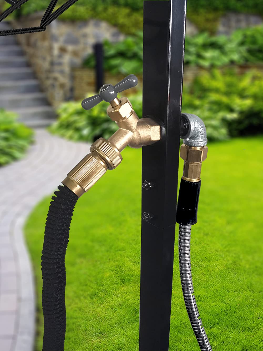 Artigarden Freestanding Outdoor Garden Hose Holder Stand with Brass Faucet, Heavy Duty Metal Water Hose Reel Storage Stake Rack for Backyard, Black (Hose not Included)