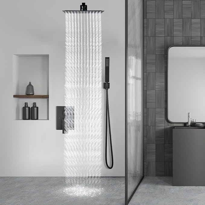 Aolemi Shower Faucet Set Rain Shower System with Handheld Spray Bathroom Shower Combo Rough-in Valve and Shower Trim Kit Included Matte Black 8 Inch Wall Mount Shower Head
