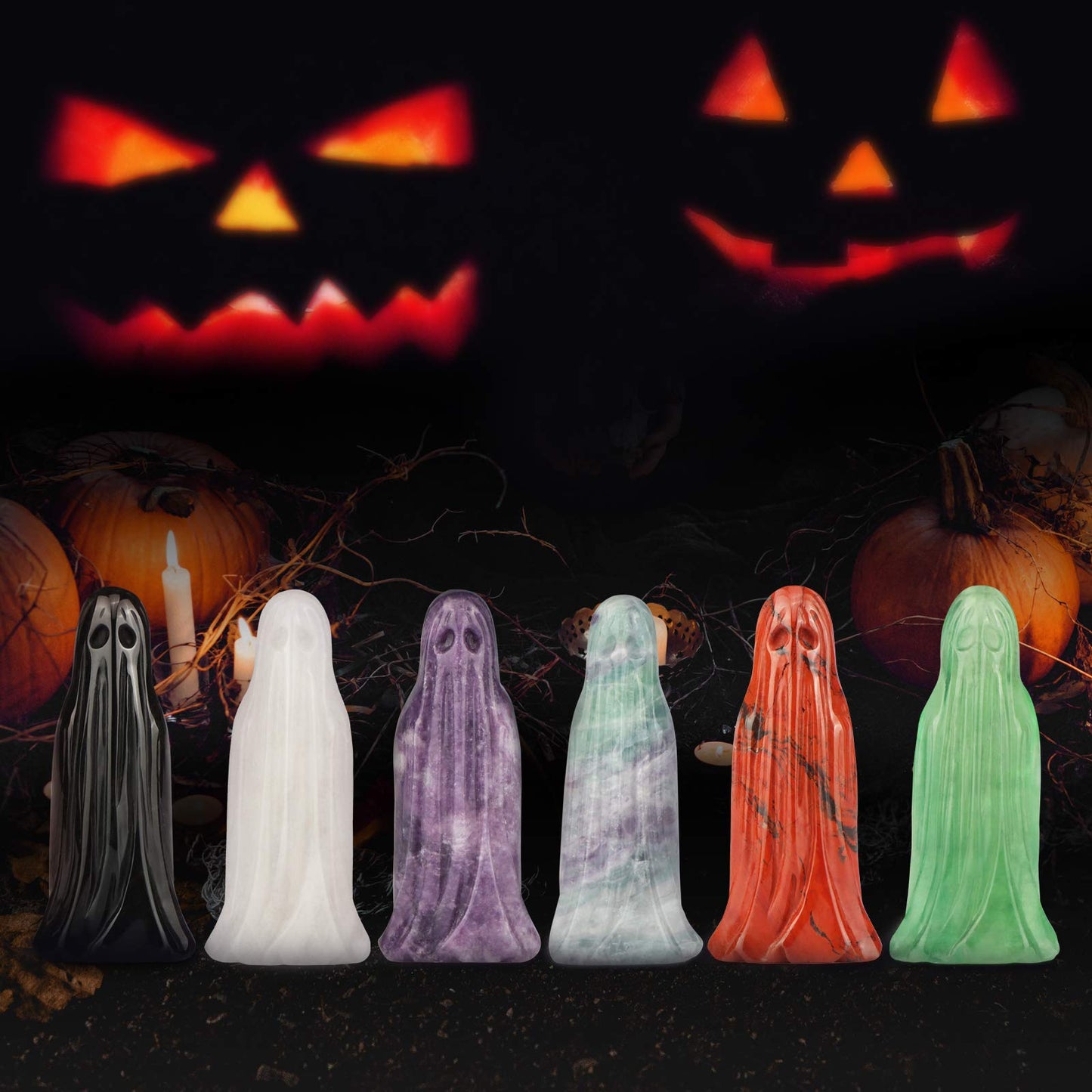 Artistone 3.0" Halloween Ghost Figurine Rainbow Fluorite Crystal Carving Gemstone Ghost Statue Carvings Collectible Sculpture for Carnival Party,Haunted House,Mantel Home