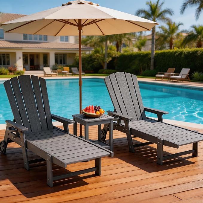 Outdoor Lounge Chair, HDPE 4-Position Adjustable Chaise Lounge Outdoor