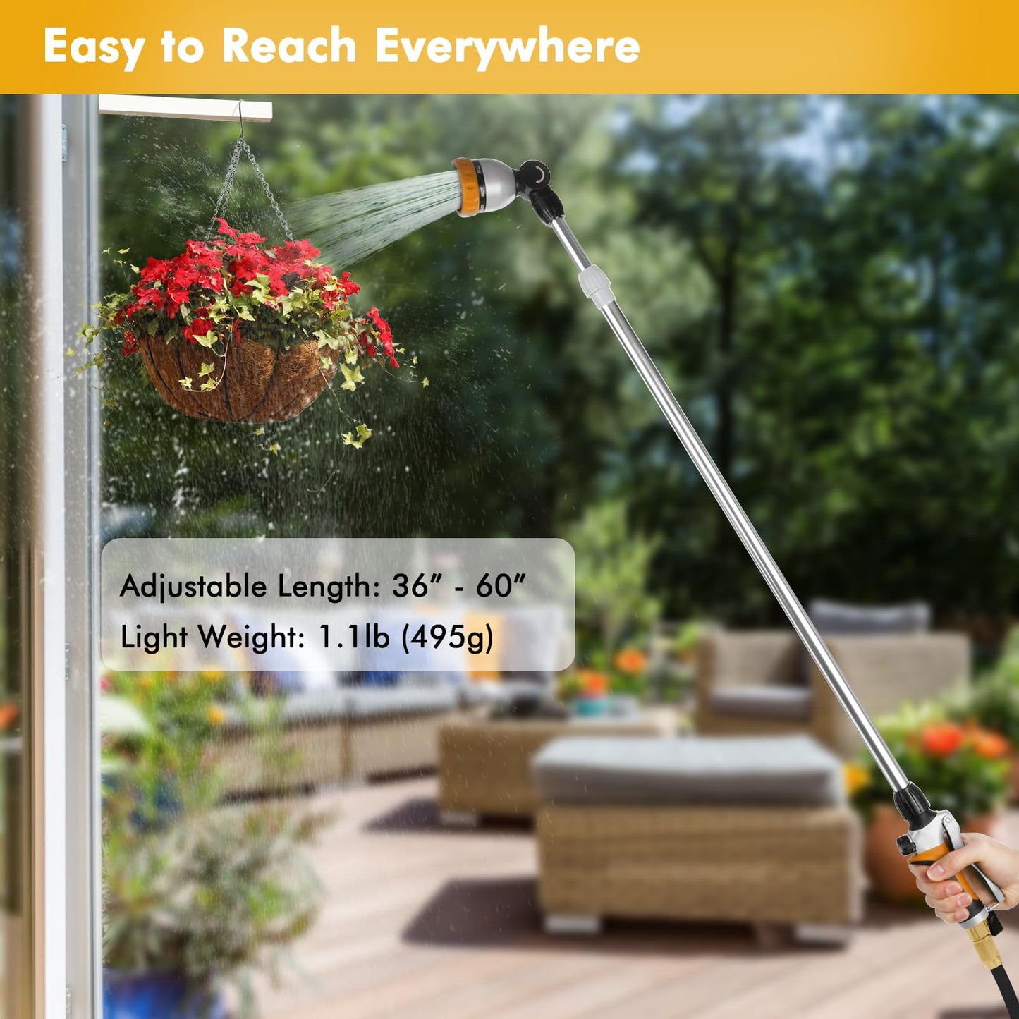RESTMO 36”-60” Metal Watering Wand, Long Telescopic Tube | 180° Adjustable Ratcheting Head | 7 Spray Patterns | Flow Control, Perfect Garden Hose Sprayer to Water Hanging Baskets, Shrubs, Yellow