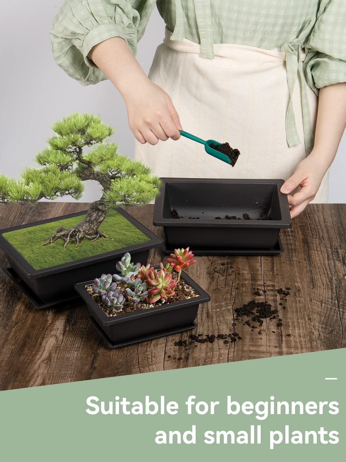 PAMASE 8 Packs Bonsai Training Pot with Humidity Tray - 6.5in & 9in Training Nursery Pots Kit, Plastic Plants Growing Planter with Drainage Tray, Indoor Succulents Decor Garden