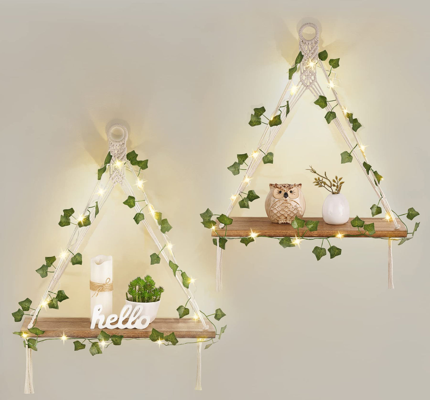 Mkono sSet of 4, 2 Packs Artificial Ivy Macrame Hanging Shelves with Lights, and 2 Packs Fake Hanging Plant with Pot