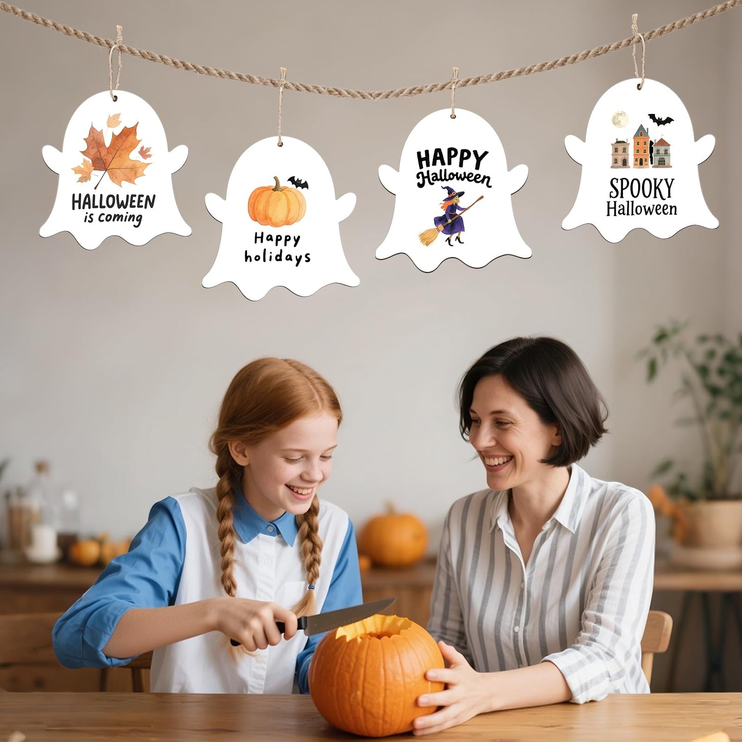 kuchisity Large Size 7'' Wooden Halloween Ornaments to Paint 30 Pcs DIY Blank Unfinished Ghost Wooden Cutouts with Twines for Halloween Thanksgiving Day Fall Party