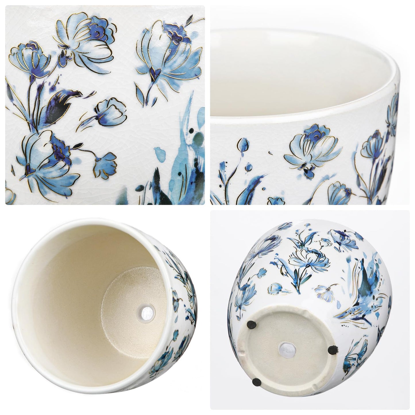 Decorative Flower Pots Blue and White Plant Pot Gold Accent Ceramic Planters for Indoor Plants Pots with Drainage Retro Planter Pot for Succulents Cactus Herb Snake Plants Outdoor Garden, 7.6/5.5 Inch