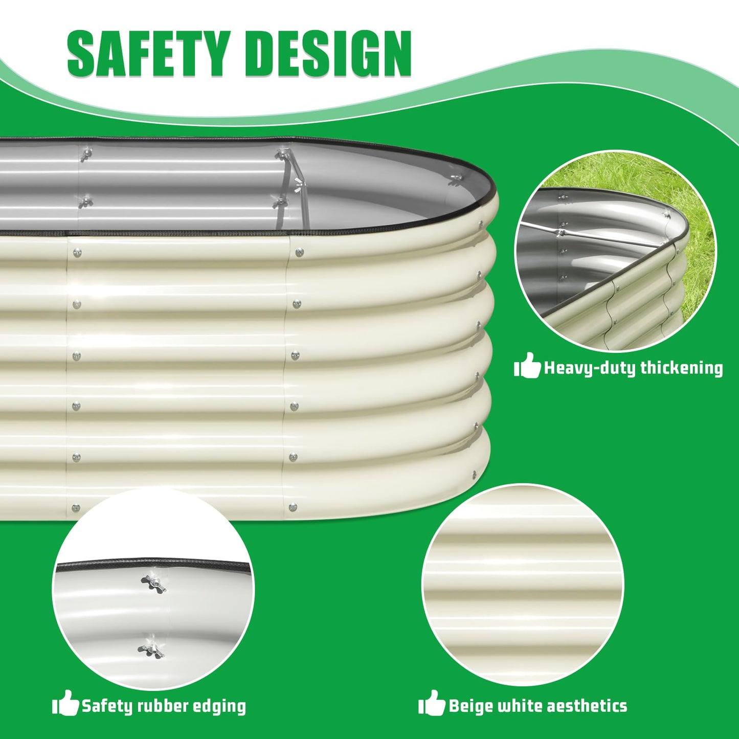 SnugNiture 3 Pcs 4x2x1.5ft Raised Garden Bed Outdoor, 17" Tall Galvanized Metal Planter Box, Oval Raised Garden Bed Kit for Planting Vegetables Plants Fruits, Beige White