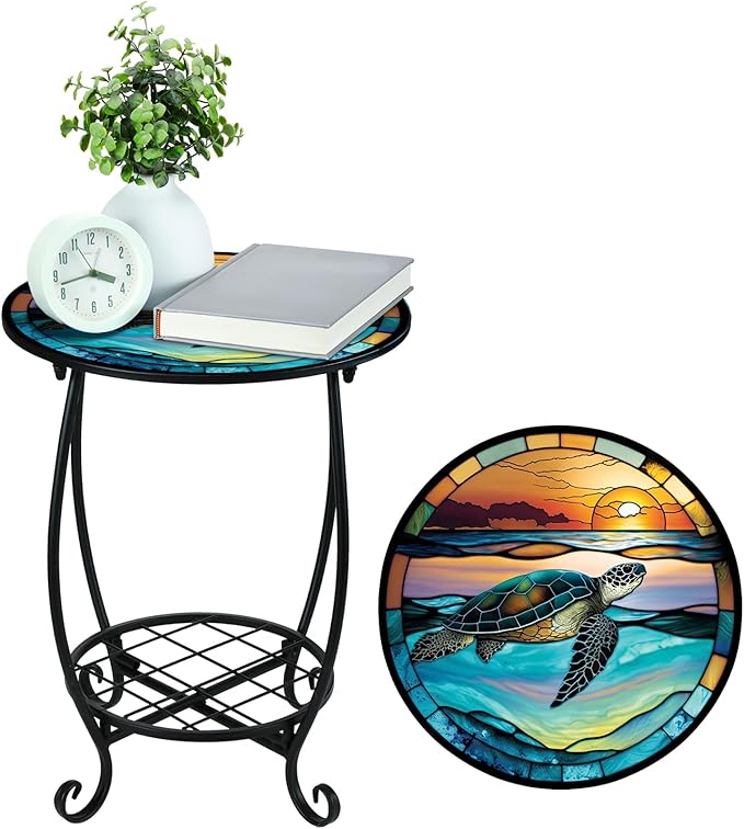 Cinnvoice Outdoor Side Table Round Small Mosaic Patio Accent Indoor End Plant