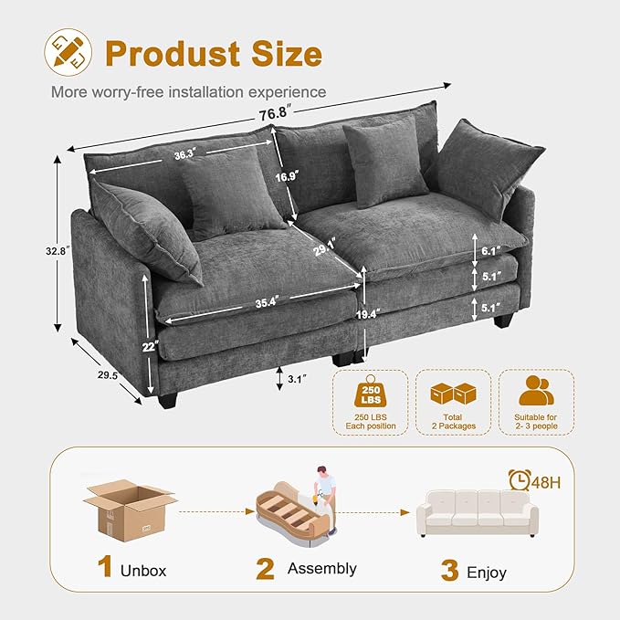 77" Cloud Chenille Sofa Set
