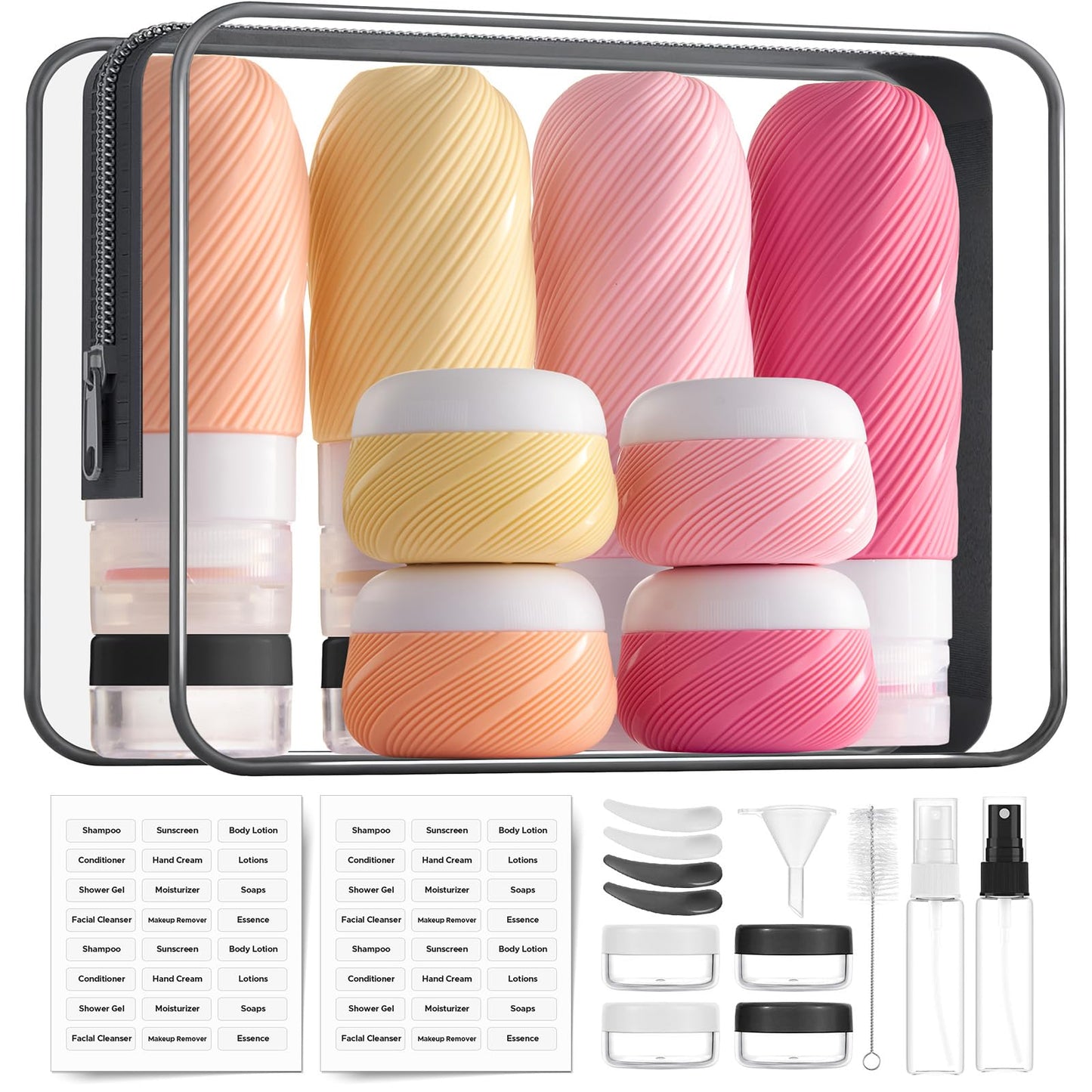 LitBear 23 Pack TSA Approved Travel Bottles for Toiletries, Leak Proof Refillable Travel Size Containers Kit with Silicone Squeezable Bottles Jars for Shampoo Lotion Conditioner, in Clear Bag, Pink