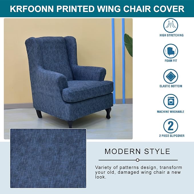 KRFOONN Stretch Wing Chair Slipcovers Printed 2 Piece Wingback Chair Covers