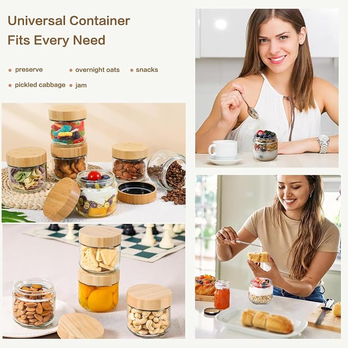 4 Pack 8 Oz Small Clear Glass Mason Jars, Wide Mouth Overnight Oats Jars, Containers with Airtight Lids for Chia Pudding Jam Snack Yogurt Overnight Oats Candy