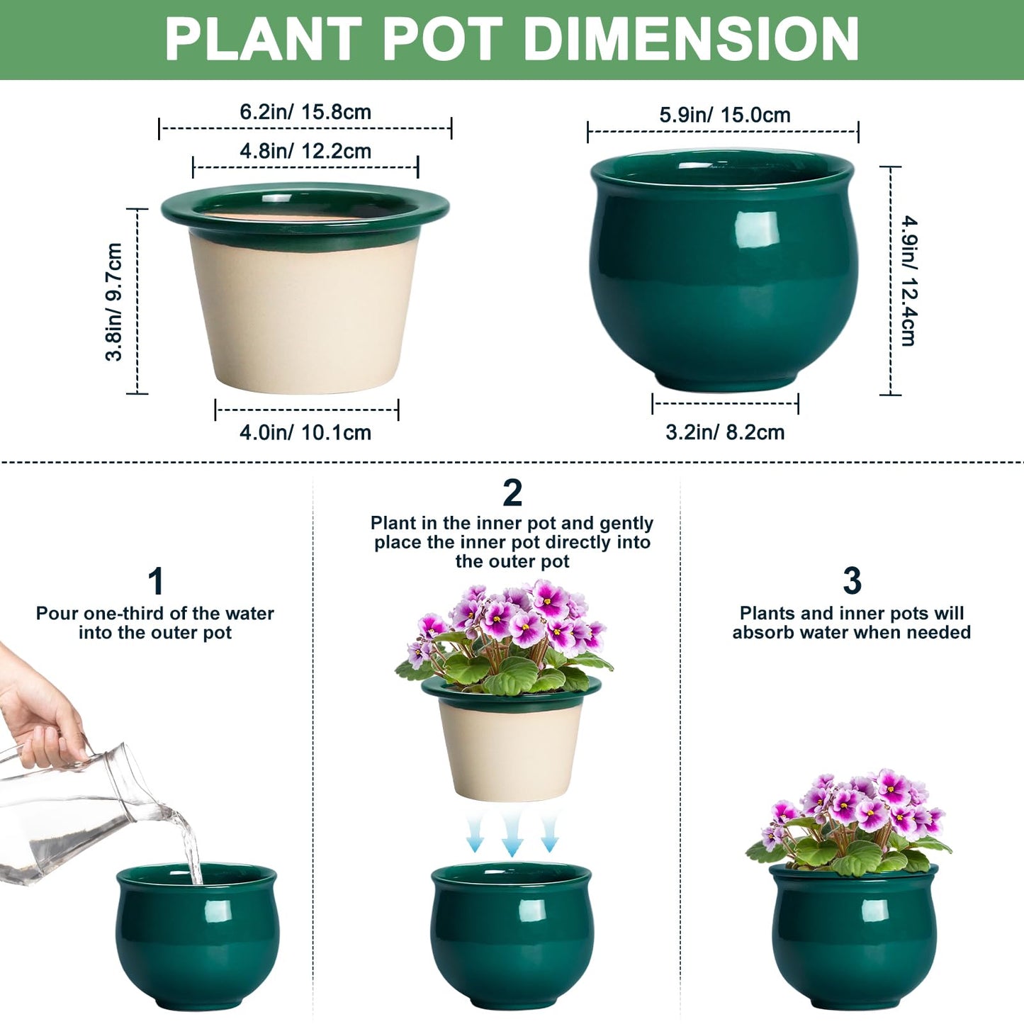 Teagas 6 Inch Self Watering Plant Pots, Ceramic African Violet Pot with Absorbent Inner Pot, Easy Self Watering Pots for Indoor Plants, Ceramic Planter, Room Decor, Plant Lover Gifts, Blackish Green