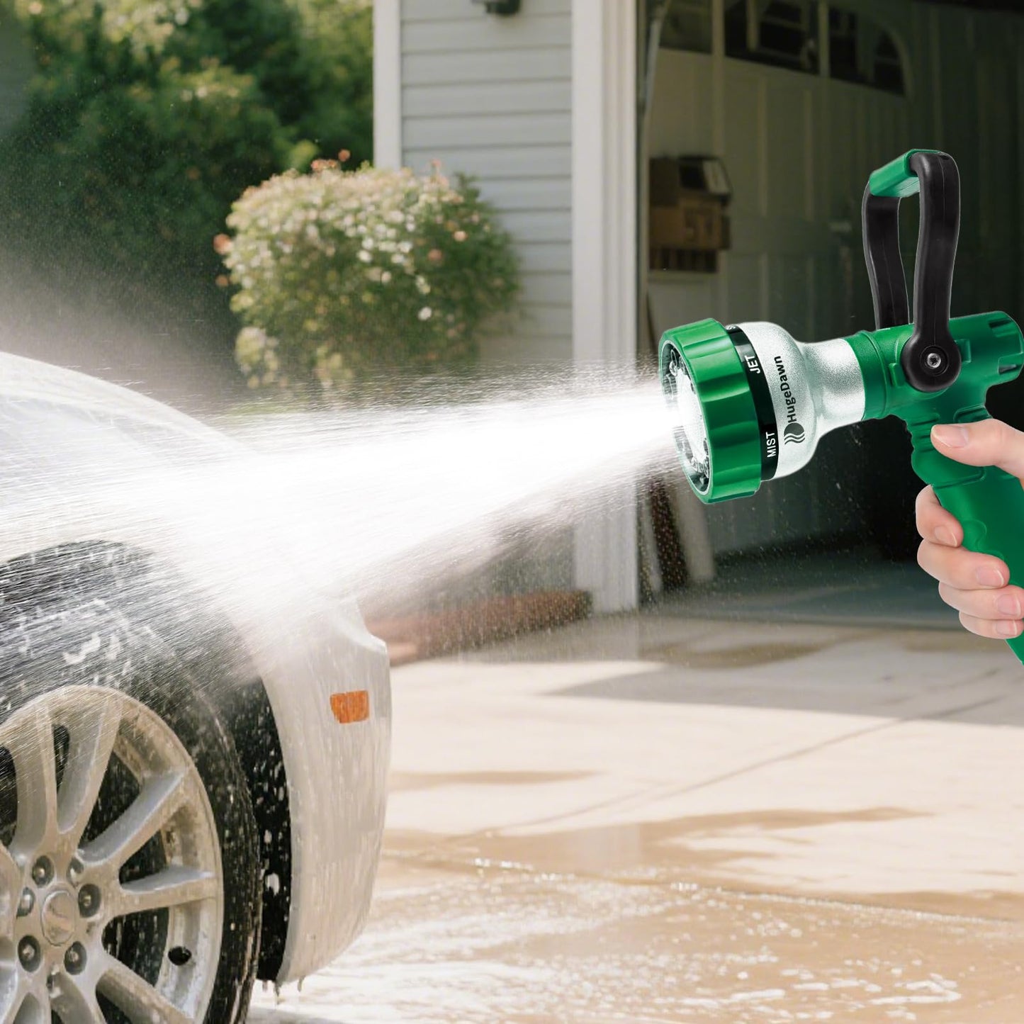 HugeDawn Garden Hose Nozzle, 6 Spray Patterns Heavy Duty Metal Water Nozzle with High Pressure for Watering, Cleaning, Washing (Green)