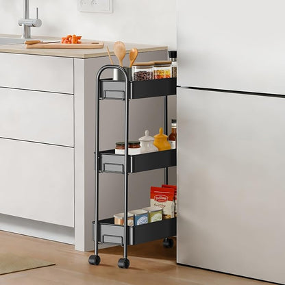 Slim Rolling Cart, Metal Frame Utility Rolling 3-Tier Narrow Storage Cart with Handle Kitchen Storage Organizer, Mobile Shelving Unit for Bathroom Kitchen