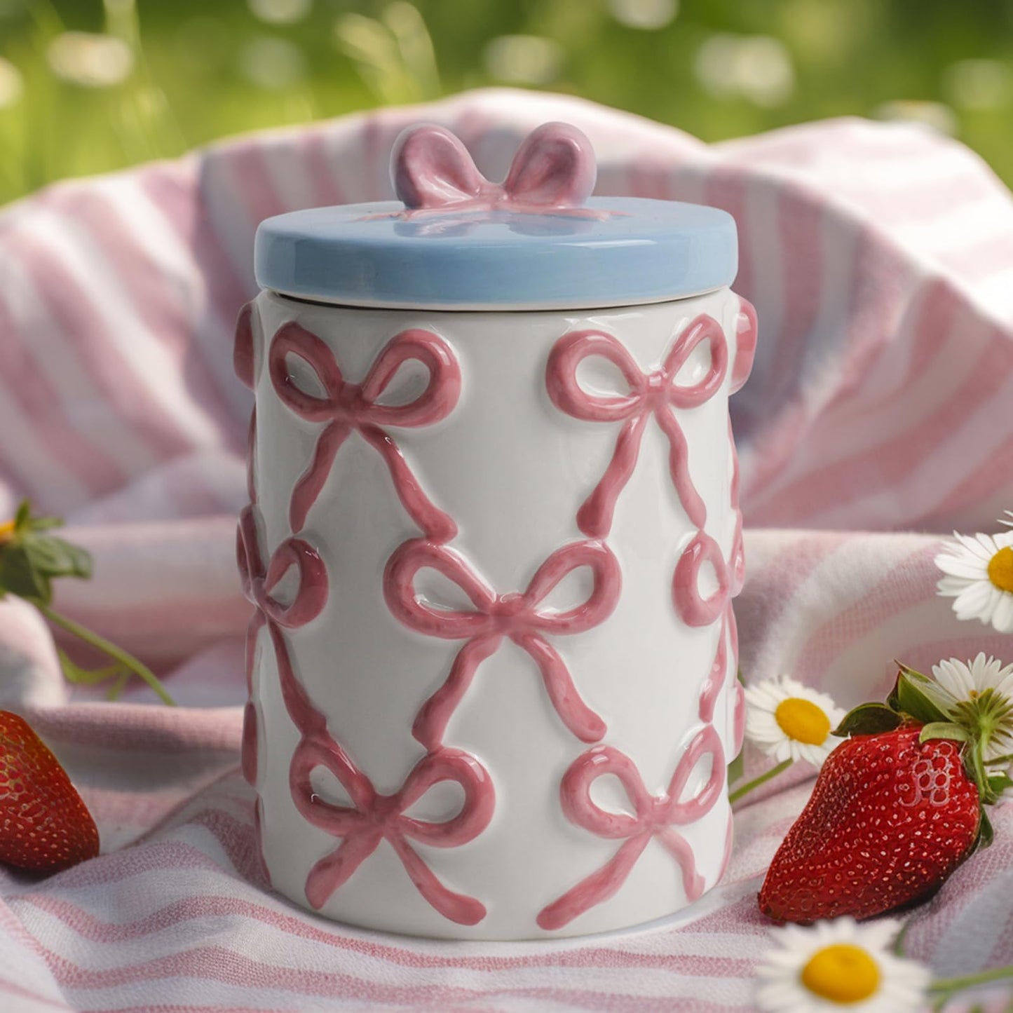 Cookie Jars with Lid Airtight, 42 OZ Large Ceramic Food Storage Containers, Cute Pink Bow Kitchen Canisters for Countertop, Suitable for Home Decor of Coffee, Sugar, Tea, Flour, Dog Treat (7.5 inch）