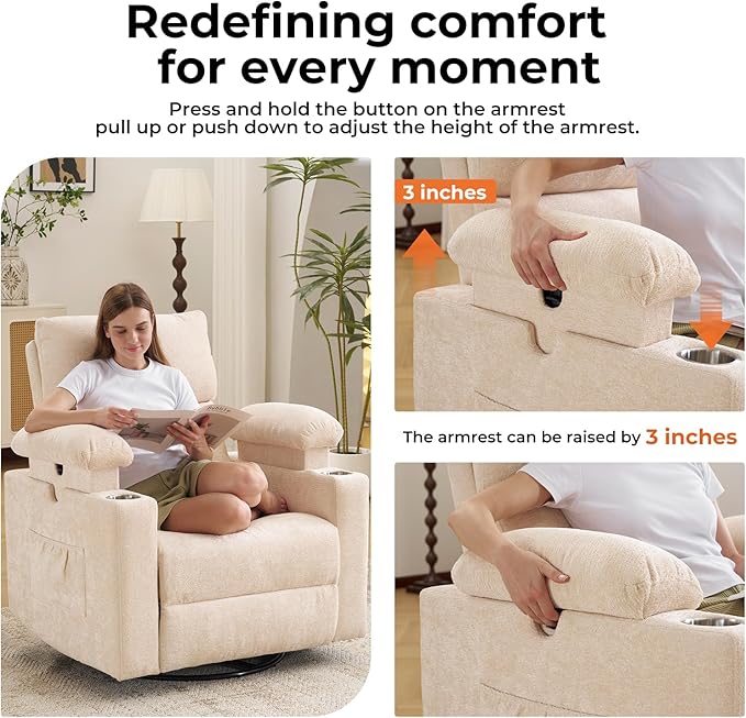 Rocking Chair Nursery with Adjustable Armrests, Electric Glider Recliner