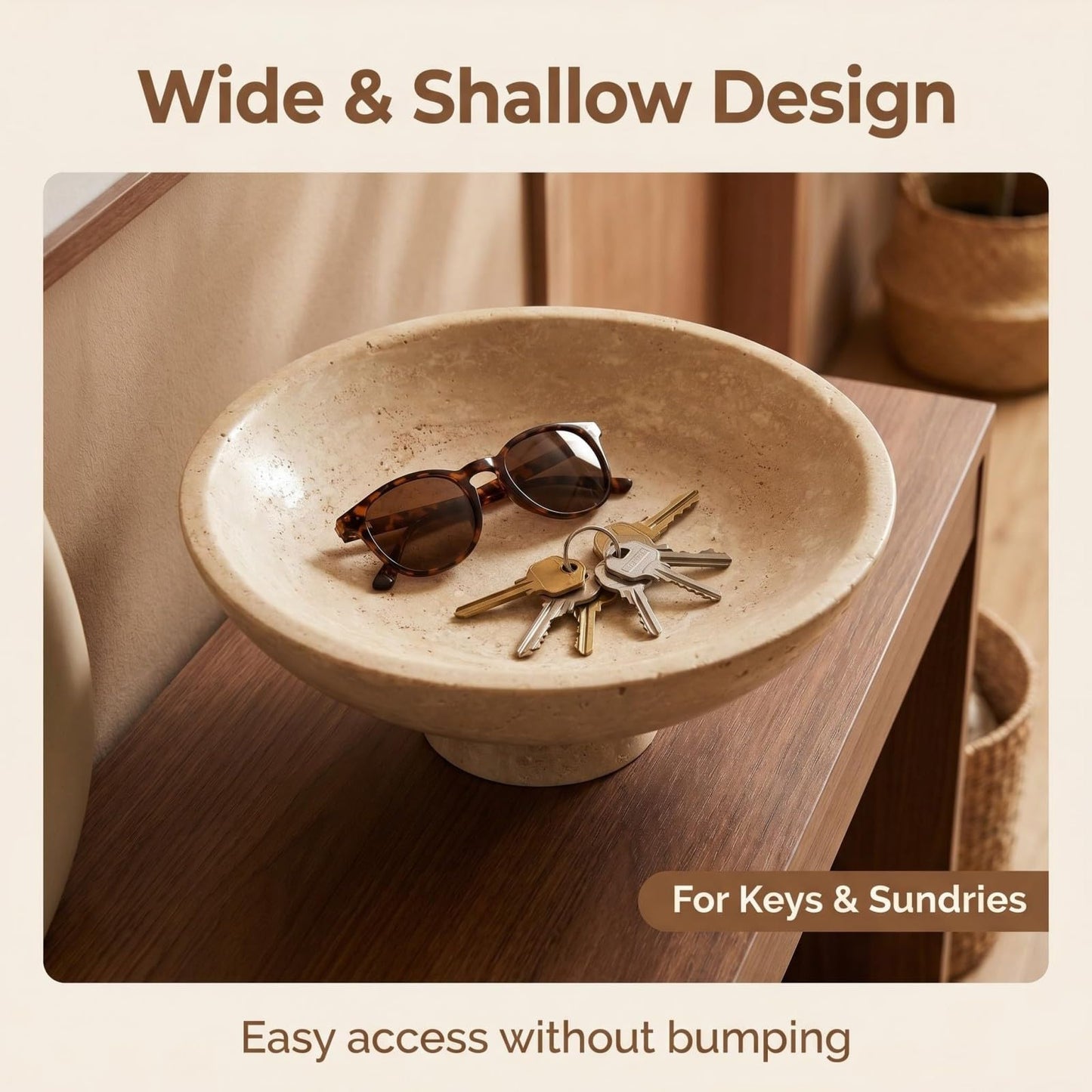 Natural Travertine Fruit Bowl for Kitchen Counter11.8",Large Decorative Bowl & Travertine Bowl Pedestalfor Kitchen Counter & Dining Table ,For Entryway, KitchenFruit Bowl, Dining Table Centerpiece.