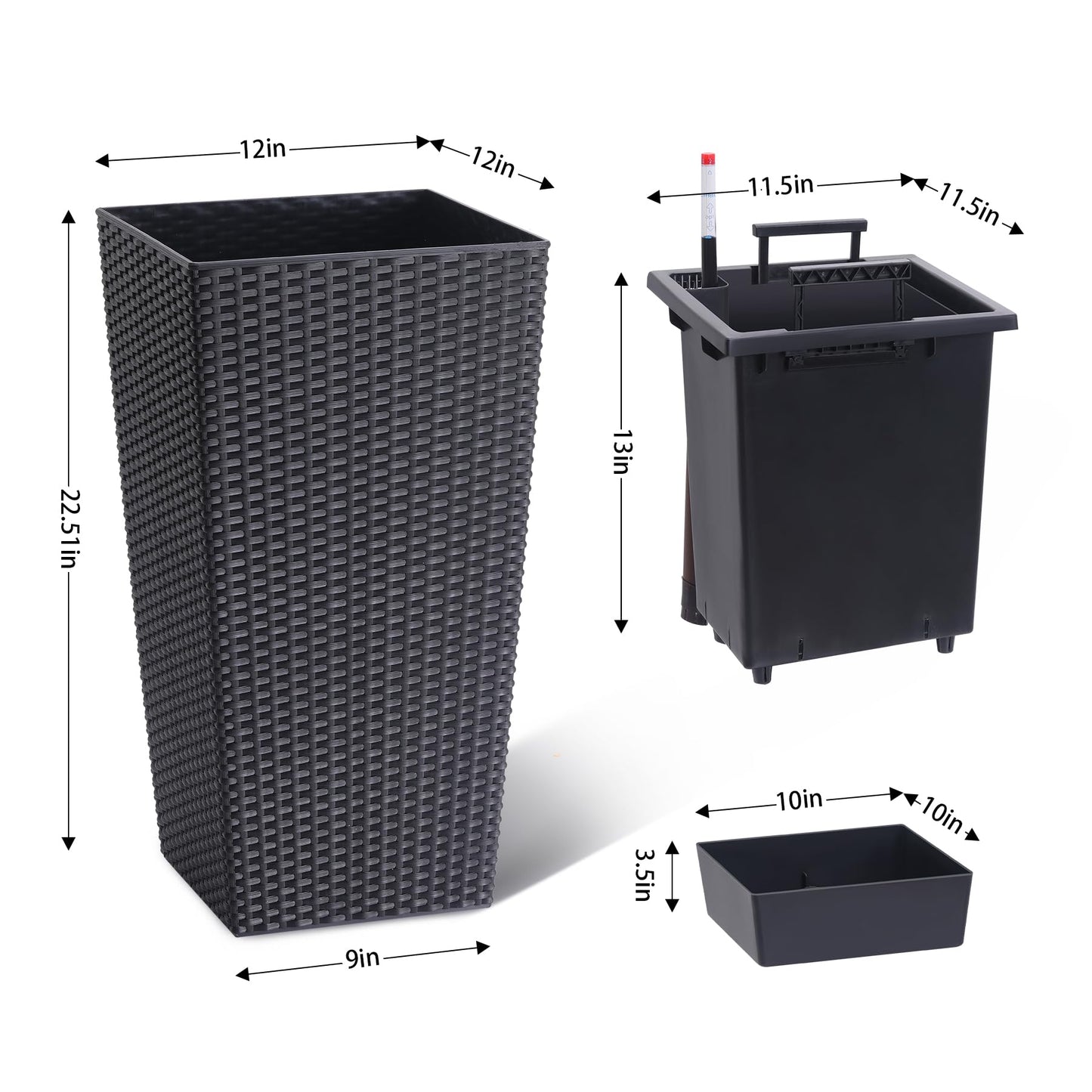 CheerAmenit 22.5 Inch Tall Planter Set of 2 Large Rattan Flower Pot with 2 Trays & a Water Level Monitor & Wheels Outdoor and Indoor for Patio, Porch, Living Room, or Home Office