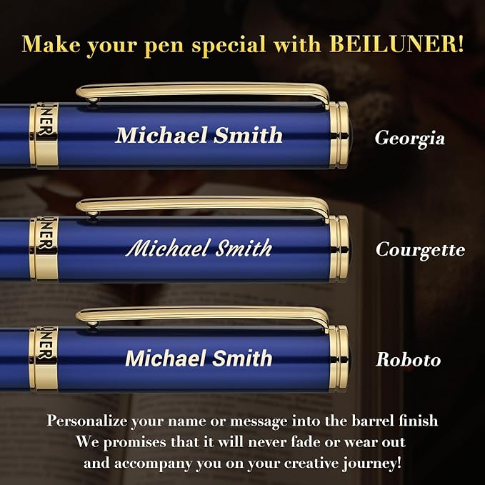 BEILUNER Luxury Personalized Gel Pen with 24K Gold Finish, Blue Piano Lacquer, Luxury Grade Craftsmanship, Best Pen Gift Set for Men and Women, Professional, Executive, Office, Retractable Nice Pens