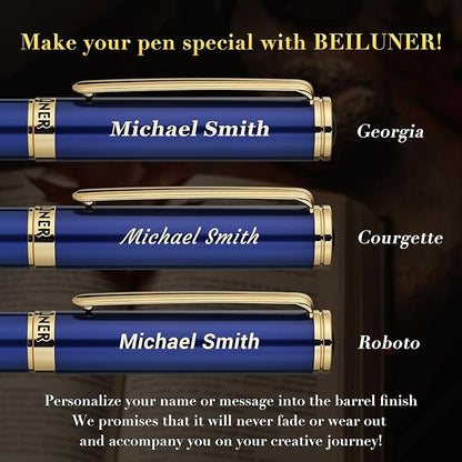 BEILUNER Luxury Personalized Gel Pen with 24K Gold Finish, Blue Piano Lacquer, Luxury Grade Craftsmanship, Best Pen Gift Set for Men and Women, Professional, Executive, Office, Retractable Nice Pens