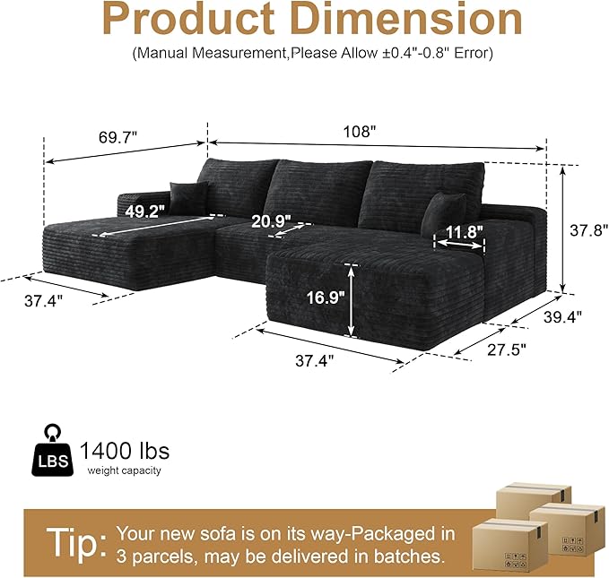 108" Sectional Couches for Living Room Cloud Couch Sofa