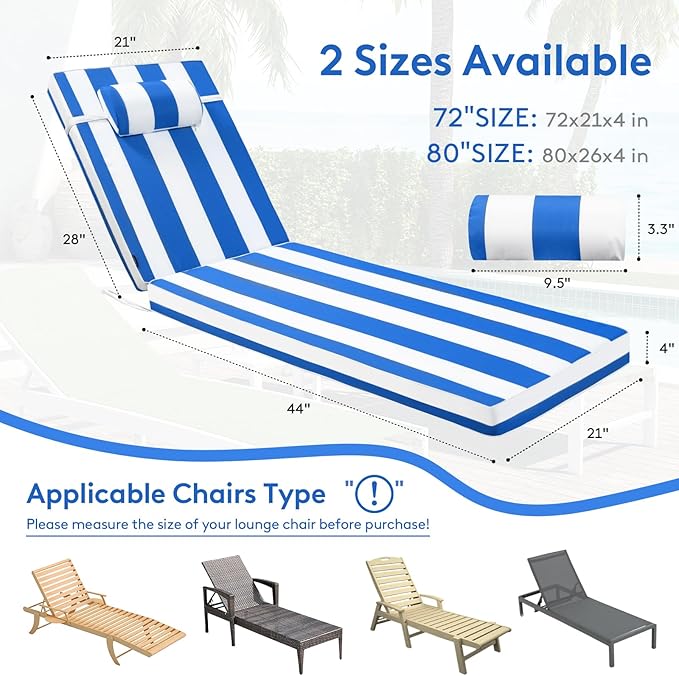 Chaise Lounge Cushion for Outdoor Furniture, Waterproof, Fade-Resistant and