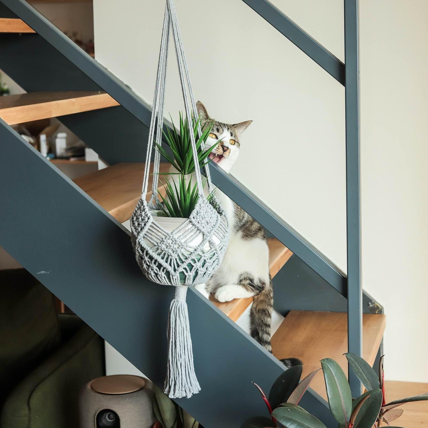 XINBOR Hanging Planter with Patterns,2Packs Macrame Plant Hangers Indoor Macrame for up to 8 inch Pot Crochet Boho Plant Hanger Holder for Indoor Outdoor with 2S Shaped Stainless Steel Hooks (Gray)
